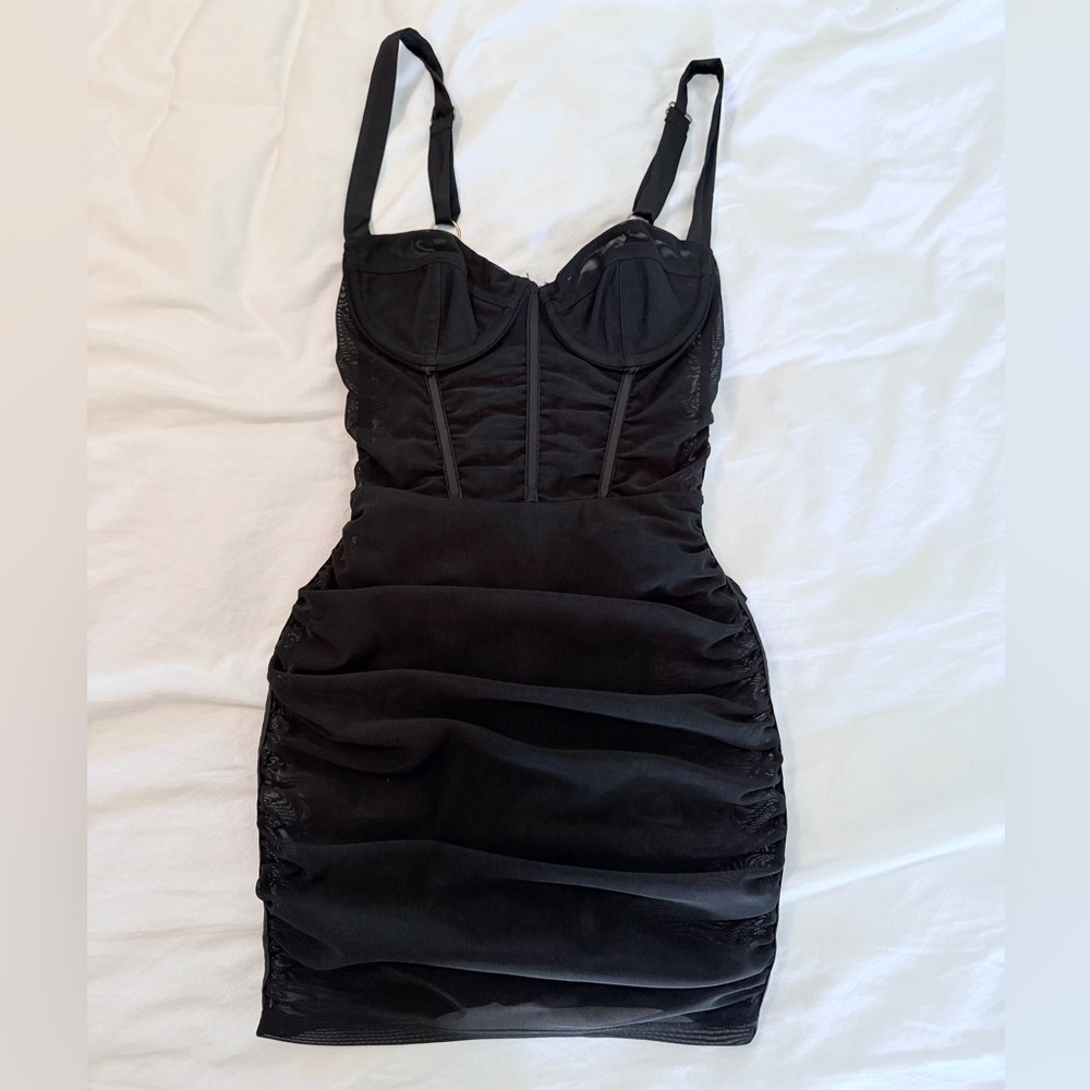 Oh Polly Black Ruched Mesh Corset Mini Dress
